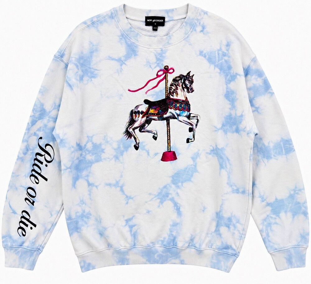 New Girl Order Tie-Dye Crewneck Pullover Sweatshirt Carousel Horse Graphic 4